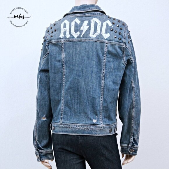 Torrid AC/DC Stud Distressed Denim Jacket Blue White Women Plus Size 2 - Picture 7 of 15